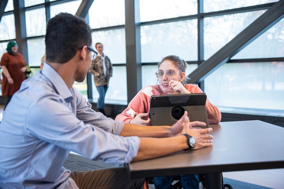 Students study together on the Sky Bridge.